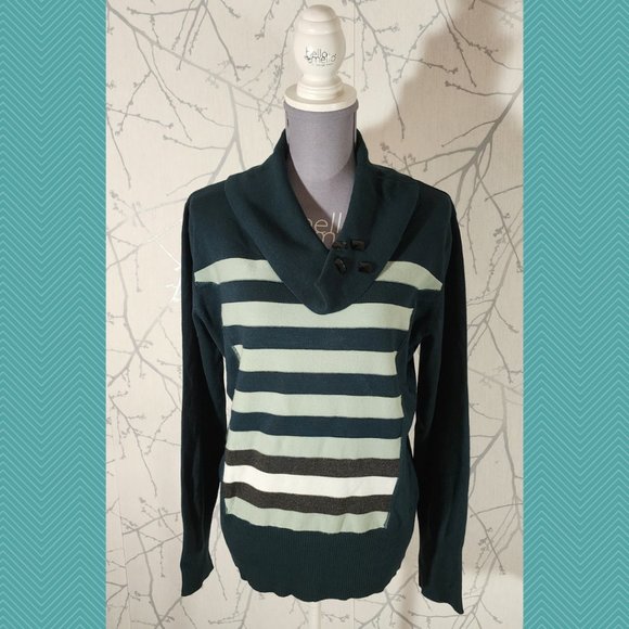 Crisca Forest Green Striped Knit Cowl Neck Sweater - Picture 1 of 5